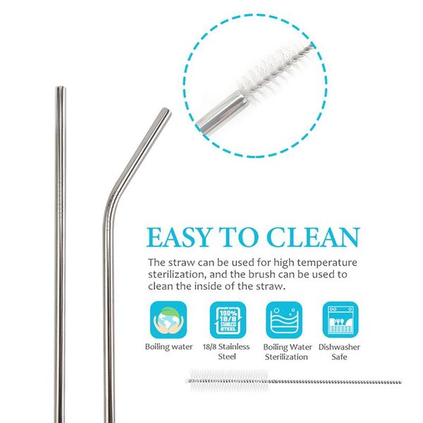 

drinking straws reusable stainless steel straw metal straight curved with cleaner brush kit home bar drinkware