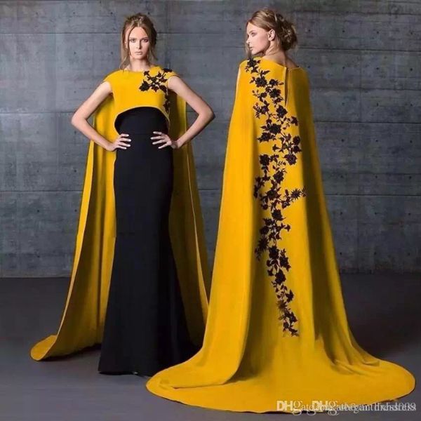 Neue Mode Dubai Arabisch Abendkleider Mit Cape Satin Schwarz Applique Bodenlangen Formale Kleid Abendkleider Prom Kleid Vestidos robe CG001