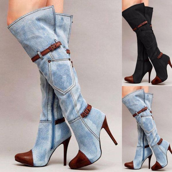 

stretch slim thigh high boots women fashion over the knee buckle belt stiletto heel winter, Black