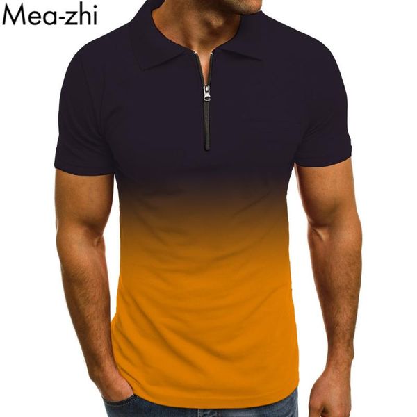 

men's polos shirt men summer short sleeve mens street wear slim fit zipper pullover gradient t for man, White;black