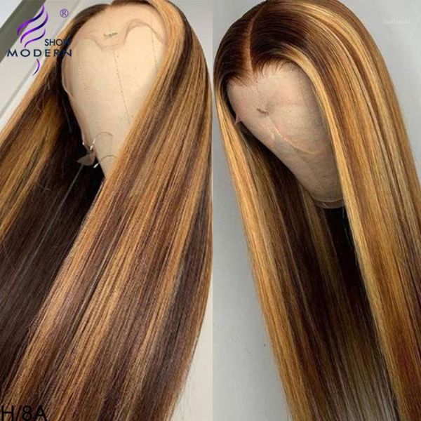 

brazilian 13x4 straight honey blond ombre color highlight 150% lace front human hair wigs for black women remy modern show hair1, Black;brown