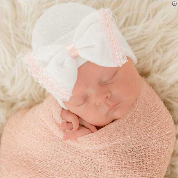 

2021 fashion baby hat pearl lace bow warm cap, Yellow