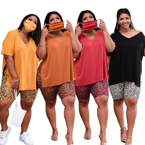 Plus Size Shorts Define Duas Peças Mulheres Verão Solto Top Colheita e Leopardo Leggings Curtas Jogging Treino Atacado Gota CX220311