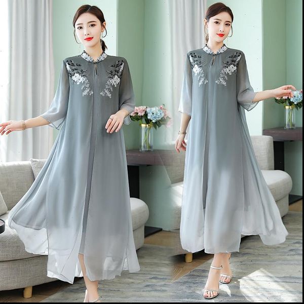 

silk summer retro print womens dresses fake two piece gray vestidos large size  4xl fashion elegant, Black;gray