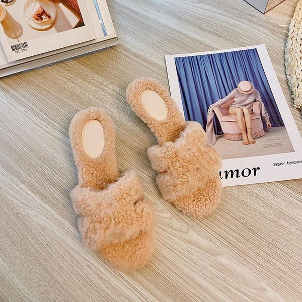 

slippers 2021 ladies fur wool designer brand indoor plush flat shoes can be customized, Black