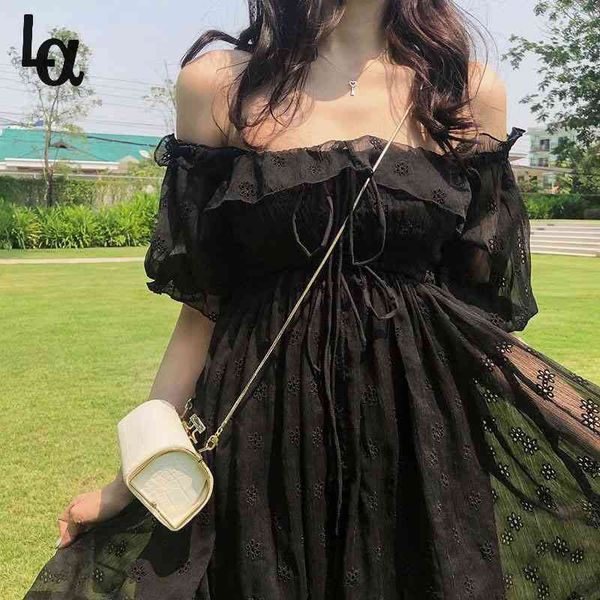 

puff sleeve casual black dress women square collar elegant evening party gothic korean style summer 210519, Black;gray