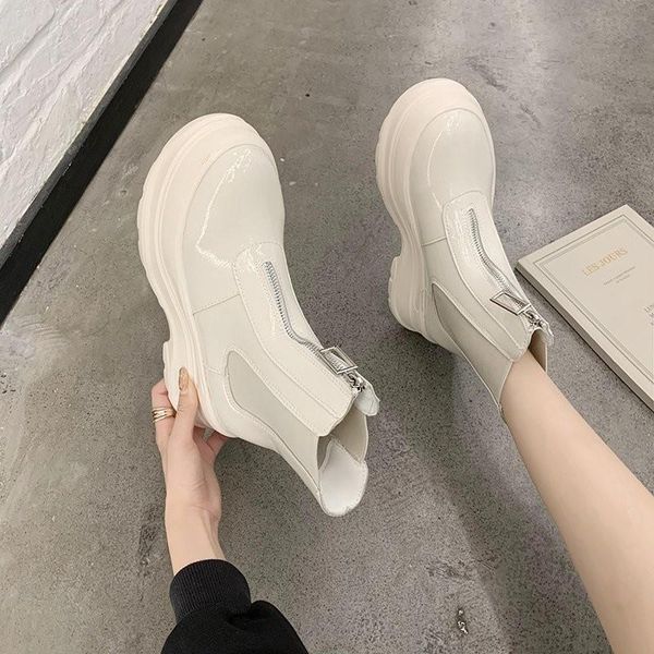 

boots autumn fashion pu leather ankle women thick heel for woman slip on platform basic side zipper motorcycle 35-40, Black