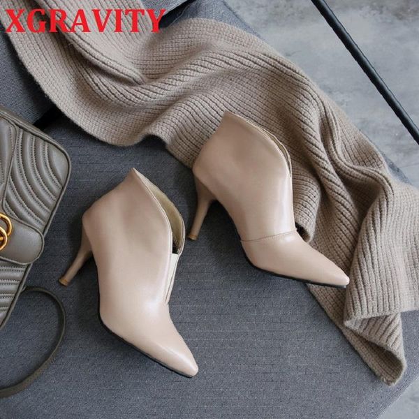 

boots xgravity 2021 vintage pointed toe girl thin heel woman deep v design lady fashion shoes elegant european women s032, Black