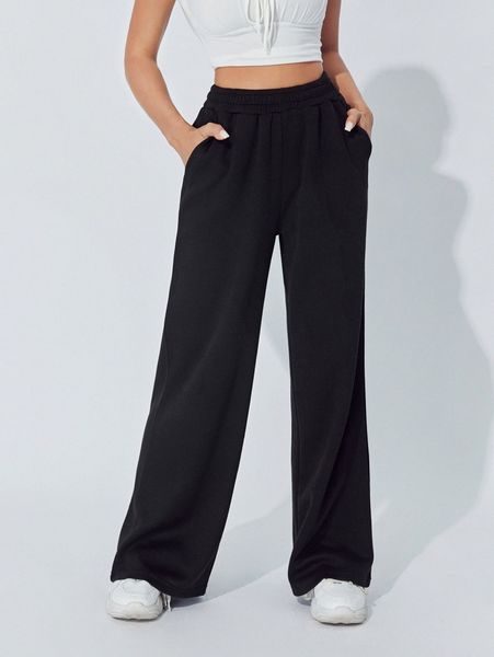 

petite slant pocket wide leg pants y1wf#, Black;white