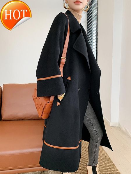 

women's tracksuits coat double-sided cashmere mid-length over-knee loose fall/winter 2021 high-end hepburn style woolen, Gray