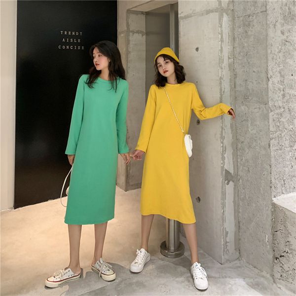 

propcm mid-length dress fashion loose thin long-sleeved straight dresses kawaii round neck knee-length casual sundresses for women clothing, Black;gray