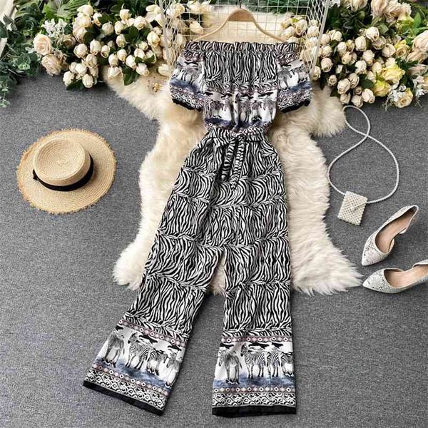 Retro impresso férias jumpsuit mulheres slash garganta colar strapless de mangas curtas slim longa calças de perna c269 210507