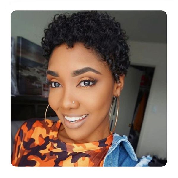 Curto Kinky Curl Macio Brasileiro Afro Americano Penteado Negro Simulação Humântica Cabelo Humano Afro Curly Completa Peruca Para Senhora