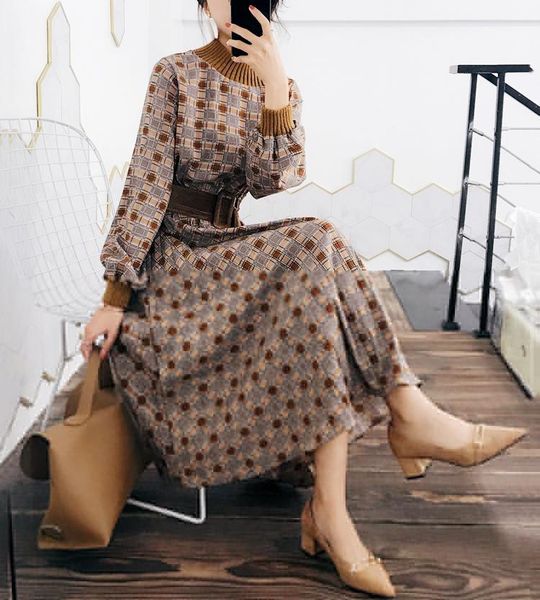 

casual dresses elegant plaid dress women knitted o neck long vintage autumn office lady workwear clothes with sashes vestidos sl007, Black;gray