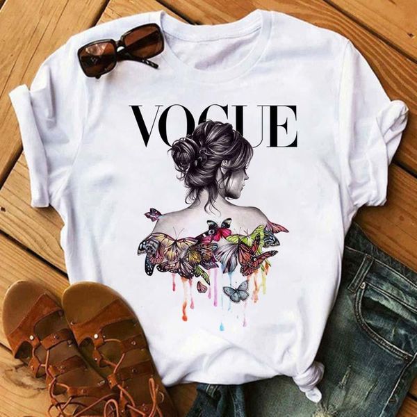 

women's t-shirt vogue butterfly women o-neck kawaii tshirt woman summer short sleeve tee female streetwear harajuku clothes, White