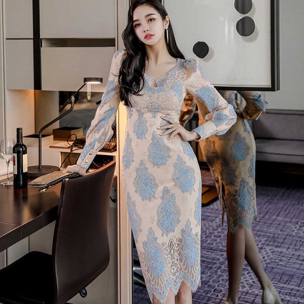 

sping v-neck flower lace pencil bodycon dress women hollow out sheath dresses office ol work vestidos 210529, Black;gray