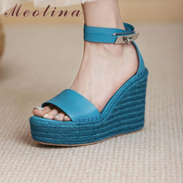 

dress shoes meotina women genuine leather high heel platform wedges sandals ankle strap buckle ladies footwear summer yellow 41, Black