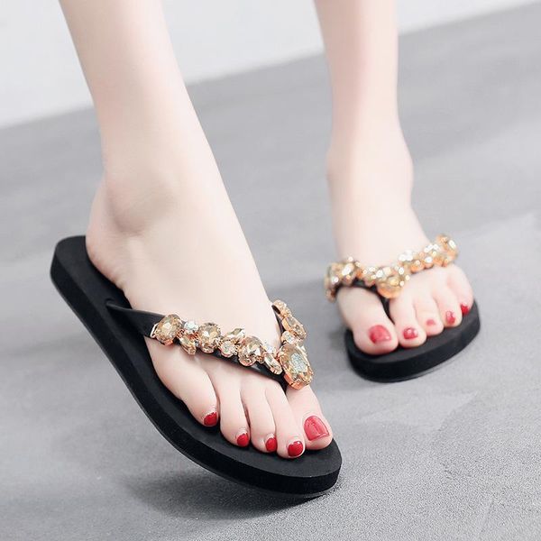 

slippers color sandals flat comfortable beach shoes women 2021 summer fashion with sequins flip flops, Black