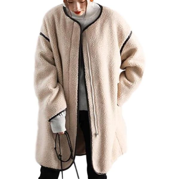 

women's wool & blends winter women plush coat baggy splicing long sleeve round neck zipper white/khaki/black/coffee tweed casual street