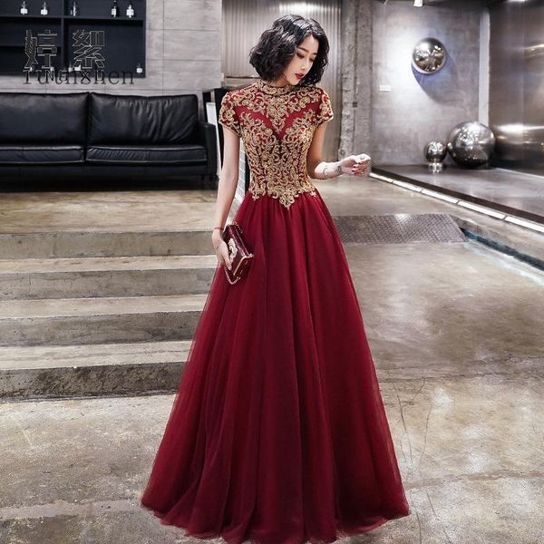 

party dresses burgundy prom long high neck short sleeves 2021 beading formal evening gowns vestido de gala, White;black