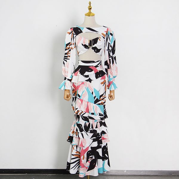 

dress high street fashion 2021 summer hollow beautiful printed mermaid two pieces together, Black;gray