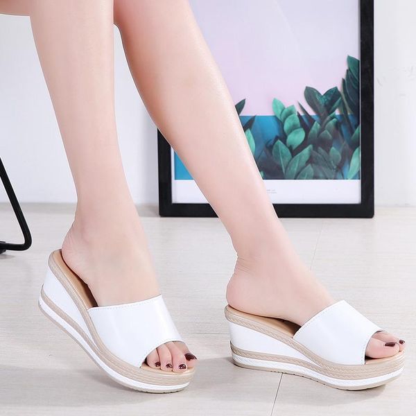 

slippers summer women leather open toe flip flops sandals wedges black white slides shoes