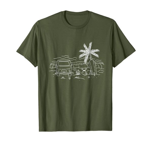 

beach scene hand drawn camper van surfboard dog w t-shirt, White;black