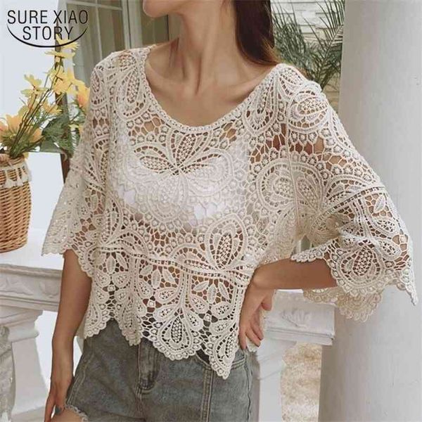 

summer hollow out lace shirt women hook flower female women's short sleeve blouse sunscreen blusas 14127 210508, White