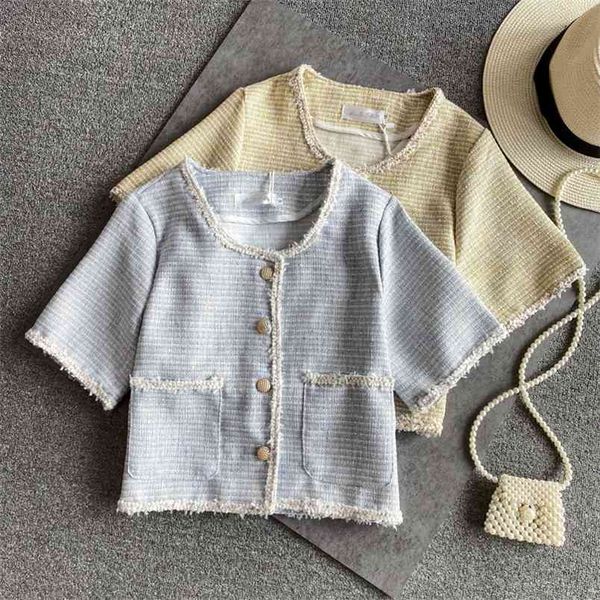 

small fragrance cardigan coat for women crop fashion elegant vintage british outwear short-sleeved tweed short jacket 210514, Black;brown