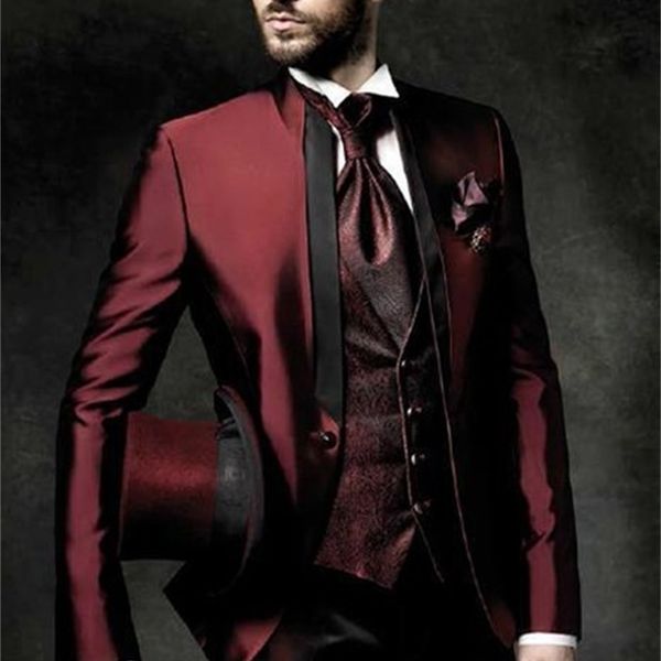 

men's suits & blazers one button dark red groom tuxedos groomsmen men costume homme (jacket+pants+vest) 9bgq, White;black