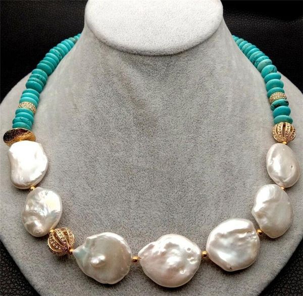 

chains habitoo natural white freshwater coin pearl blue turquoise necklace 20inches gorgeous fine jewelry for women charming gifts, Silver