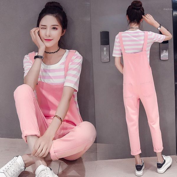 

summer two piece set women stripped t shirts + wide leg pants vocation dungarees long denim trousers suit s120 women's tracksuits, Gray