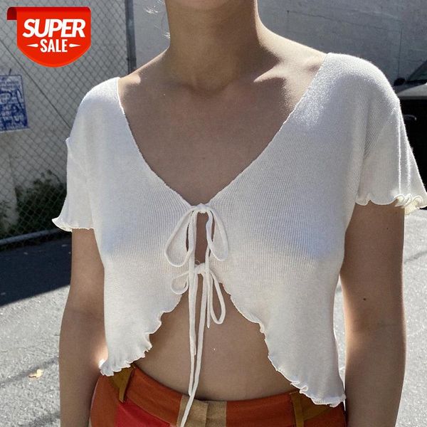 

[in stock]european and american women's cardigan lace-up t-shirt women 26051p slim knit short-sleeved with wooden ears #ps10, White