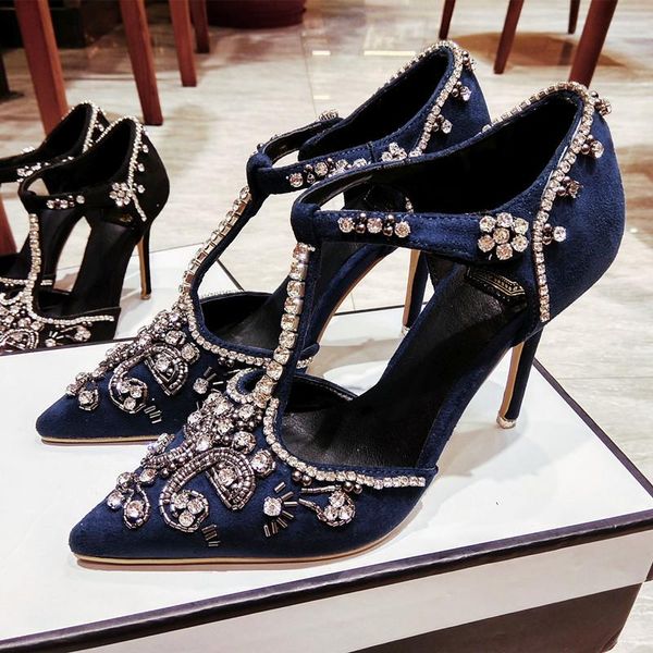 

sandals autumn style rhinestone suede stiletto high heels shallow mouth banquet dress crystal pointed toe all-match female sand, Black