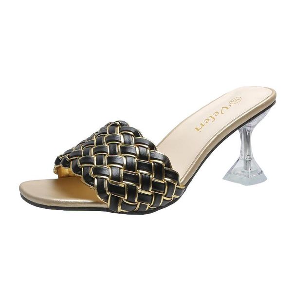 

slippers french style women tressees mules talons summer mature office lady weave sandals slides high heeled party shoes size 41, Black