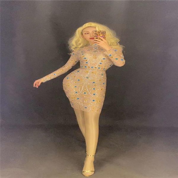 

party decoration v56 female pole dance stage rhinestones dress long sleeve mesh perspective drilling skirt wears crystal skinny outfit