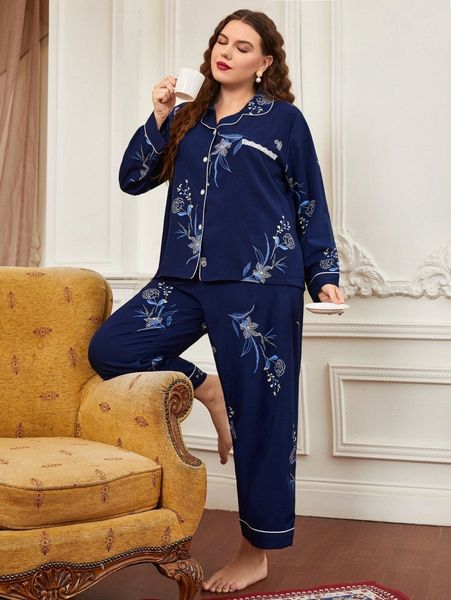 

plus floral print contrast piping pj set j9um#, Black;white
