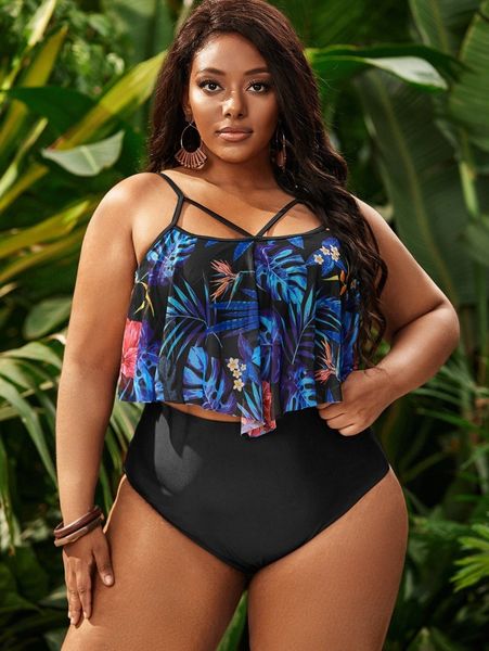 

plus plant print hanky hem bikini swimsuit b1fc#, Black