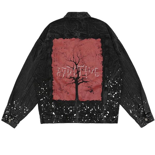 

mens jackets ink graffiti tree print denim streetwear coats hip hop punk rock jeans bomber jacket men winter windbreaker jean outwear, Black;brown