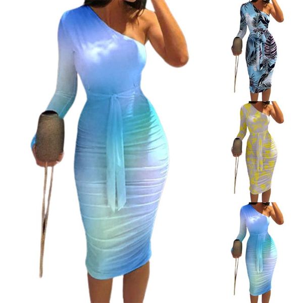 

casual dresses for women 2021 bodycon dress one shoulder long sleeve ruched wrap vestidos de mujer, Black;gray