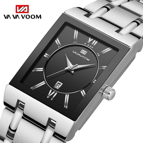 

wristwatches men's watch simple fashion black face silver belt rectangular stainless steel calendar waterproof quartz relogio masculino, Slivery;brown