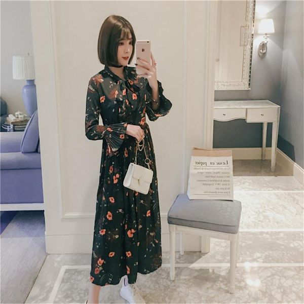 

casual dresses extra large size women's bottoming shirt 200 kg micro autumn dress slim pleated chiffon floral w253, Black;gray