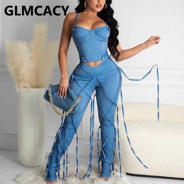 

drawsting tassels design denim pants chic jeans 210702, Blue