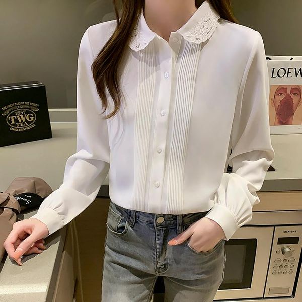 

women's blouses & shirts vintage blouse women lady long sleeves female 2021 spring turn down collar chiffon white shirt 660g