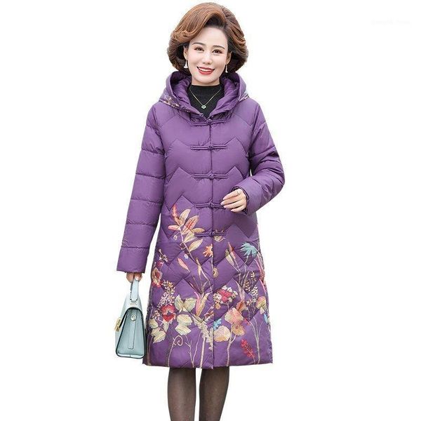 

women's down & parkas chinese style slim retro long cotton coat 2021 winter women parka national large size printed jacket, Black