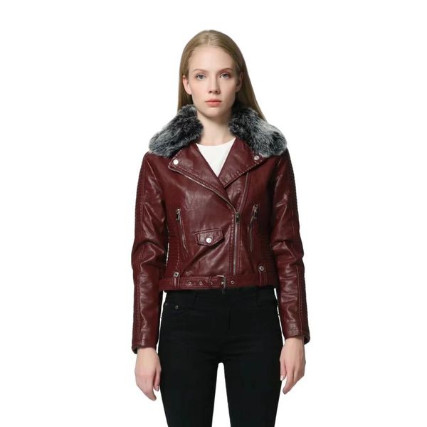 

women's leather & faux fad women winter warm jackets with fur collar belt lady black pink motorcycle biker outerwear coats