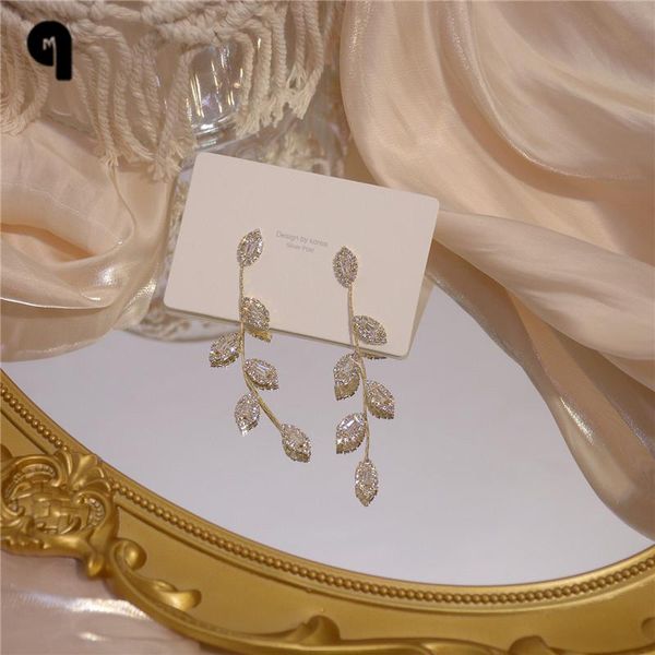 

dangle & chandelier qm luxury 14k real gold plated leaves drop earring exquisite delicate micro inlaid cubic zircon earrings wedding jewelry, Silver