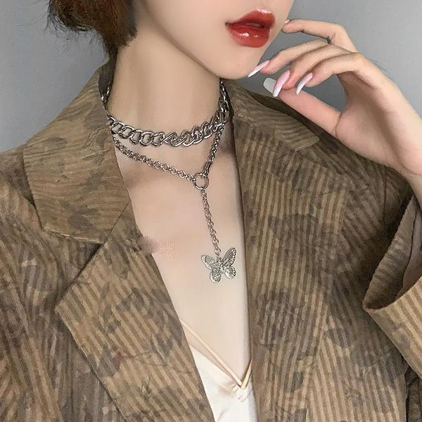 

pendant necklaces hip hop double layer clavicle chain choker jewelry antique silver color geometric butterfly necklace for women
