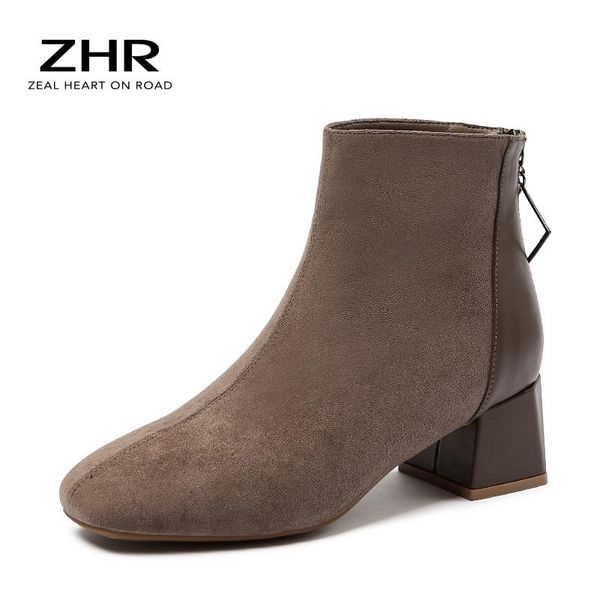 

boots 2021 suede thick heel ankle pointed toe keep warm short booties ladies women plush high winter shoes, Black