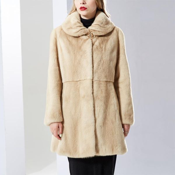 

women's fur & faux real mink coat 2021 autumn and winter fashion slim women coats medium long turn down collar, Black